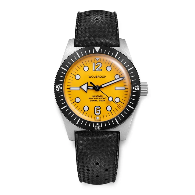 Wolbrook Skindiver Automatic 38 mm Jumbo Dive Watch - Yellow 26-SA38J-007-RB1-BLK-STL-LE1