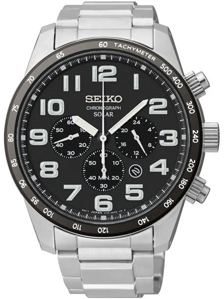 Seiko Core Series Black Dial, Solar Chronograph with 24-Hour Sub-Dial #SSC229 45 mm kol saati
