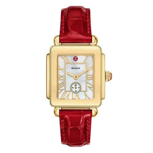 Michele Deco Sport Mid Gold-Plated Ruby Red Leather MWW06H000005 31 mm kol saati