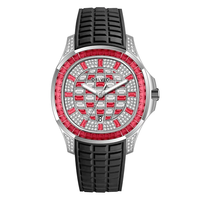 OBLVLO Rubber Strap ,Red and white gradient Di FM Series,40mm,Black Rubber Strap ,Red and