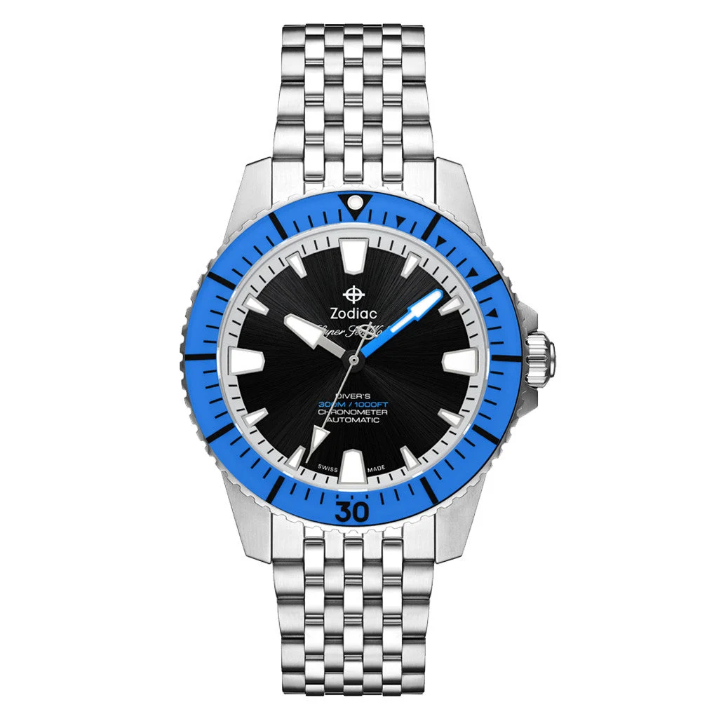 Zodiac Super Sea Wolf Pro-Diver with Black Dial and Blue Bezel #ZO3554 kol saati