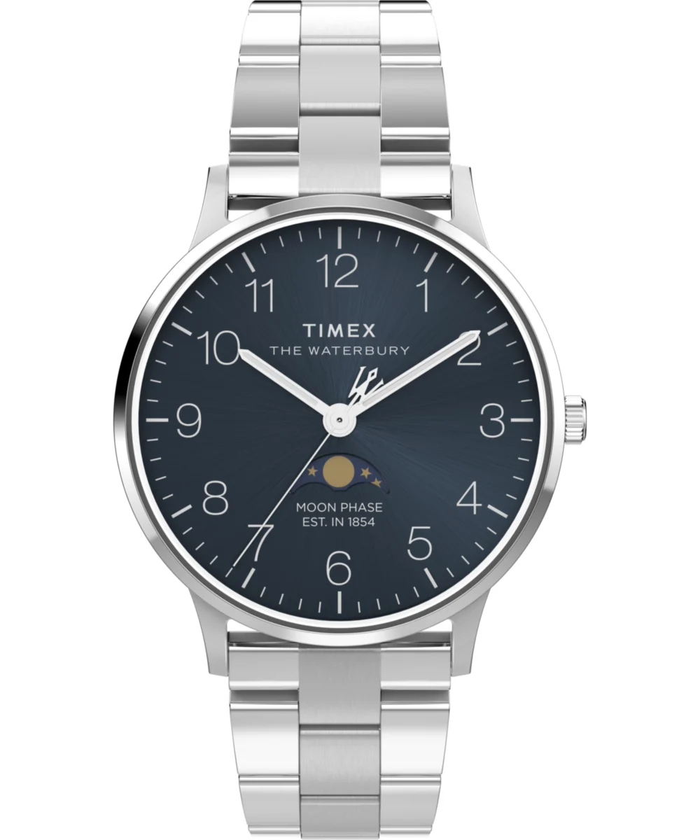 Timex Waterbury Classic Moon Phase 40mm Stainless Steel Bracelet Watch TW2W75700 40 mm kol saati