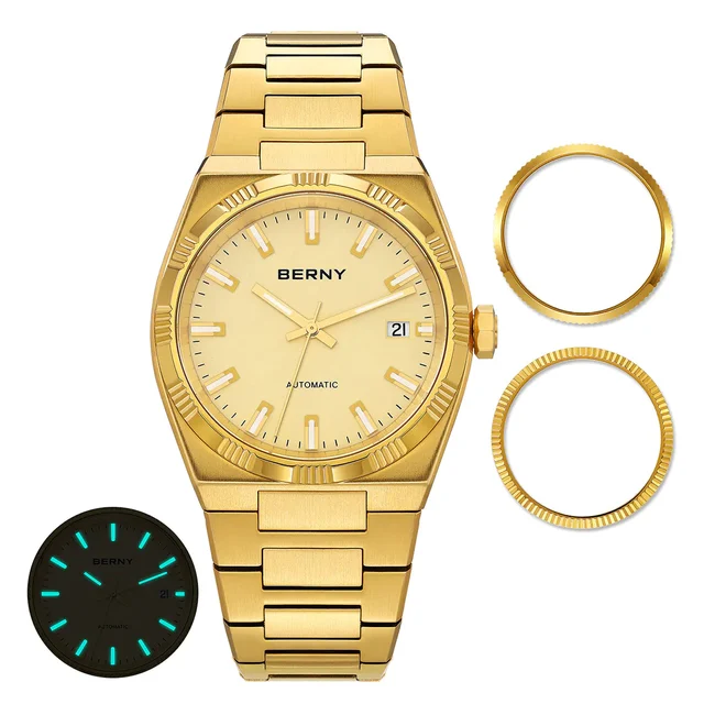 BERNY Men Automatic Gold Dress Watch- Interchangeable Bezel- AM141M AM141M-YE kol saati