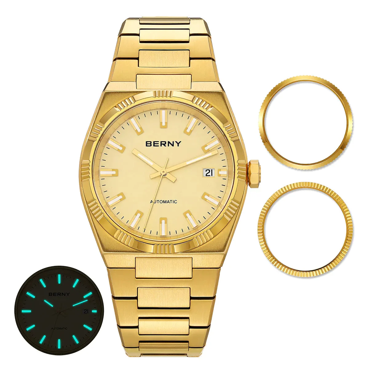 BERNY Men Automatic Gold Dress Watch- Interchangeable Bezel- AM141M AM141M-YE kol saati