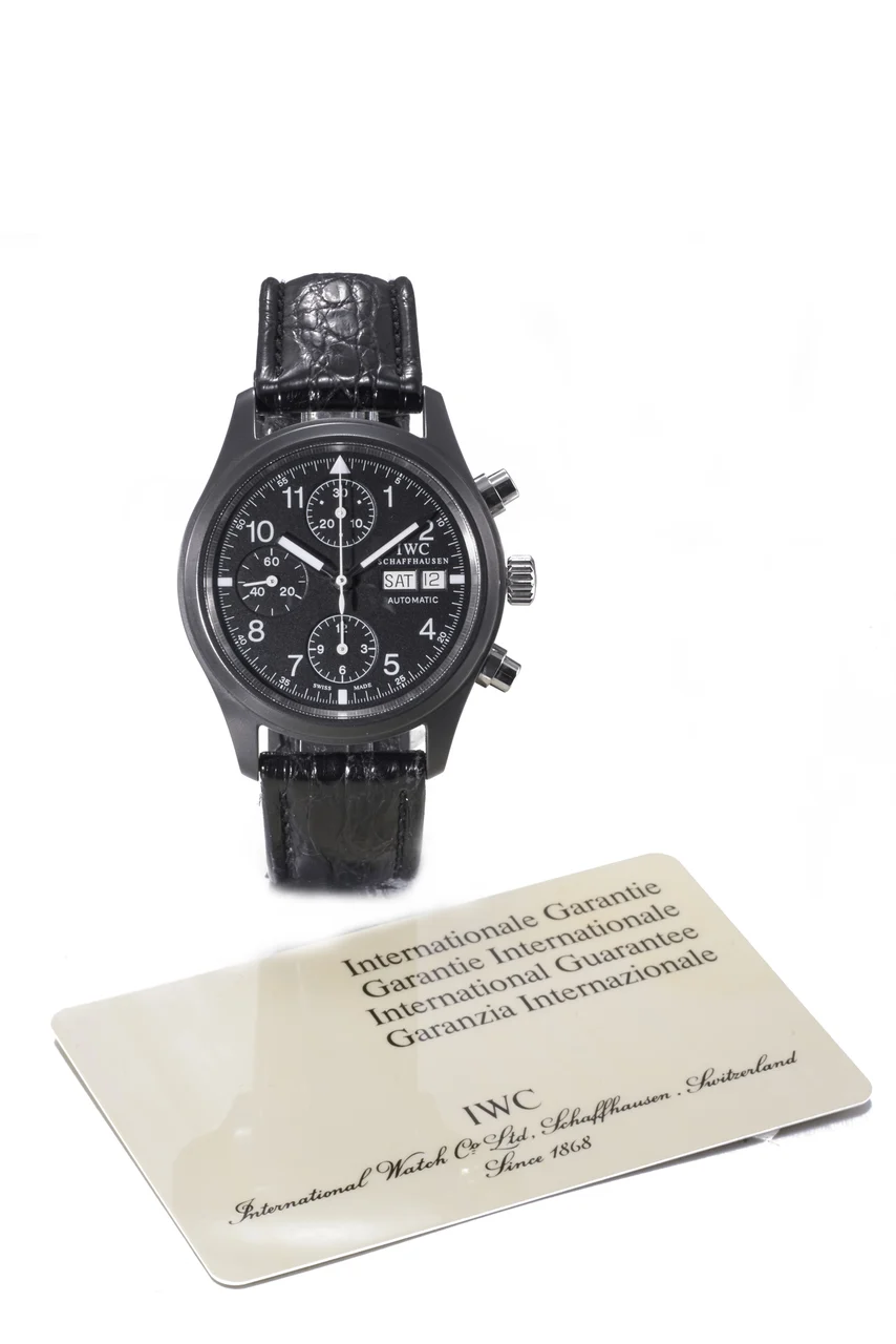 IWC Ref. 3705-07, chronograph, minute and hour recorders, date, day; “Ceramic Pilot Chronograph”; ceramic and stainless steel kol saati