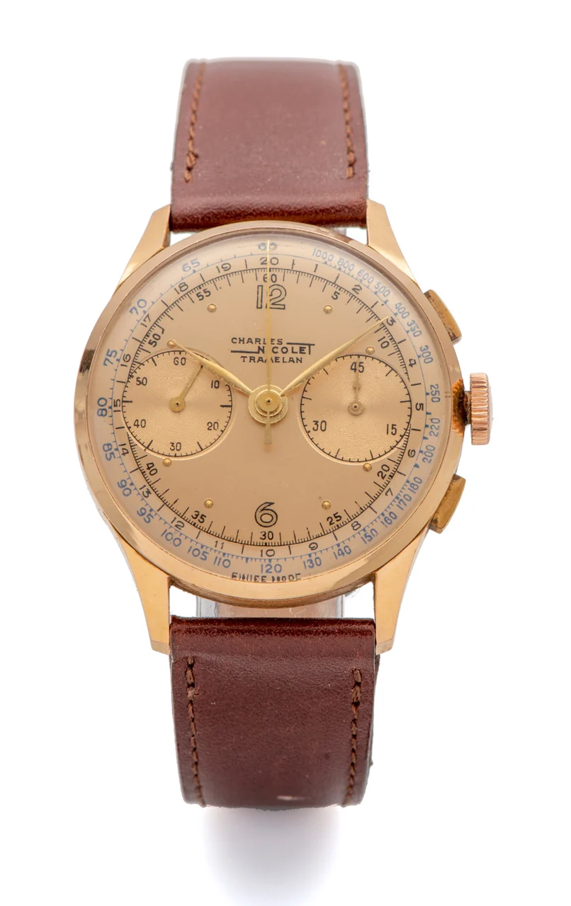 Charles Nicolet Watch Ref. 207 / 18, chronograph, minute counter, calibre Landeron; 18K yellow gold kol saati