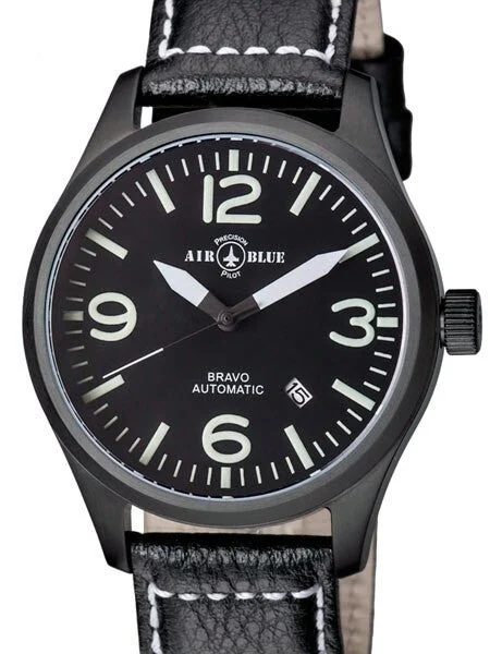 Air Blue Bravo Automatic Pilot Watch with 44mm PVD Case, Sapphire Crystal #BRAVOAUTOPVDBLKWHT 44 mm kol saati