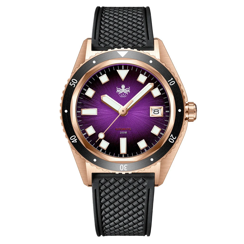 Phoibos Argo Bronze Automatic Dive Watch with Spiral Sunray Purple Dial #PY057H 40.5 mm kol saati