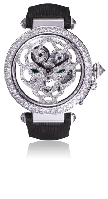 Cartier Ref. 3309, skeleton dial, “Panther” décor; “Pasha”; 18K white gold, diamonds and e