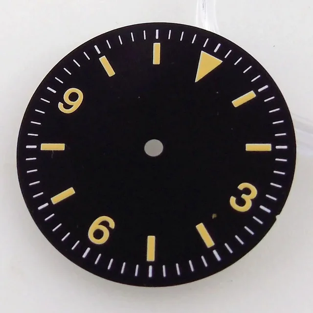 Tandorio Nologo Black Vintage 29mm Yellow Marks Explorer Watch Dial fit NH35A NH36A ETA282
