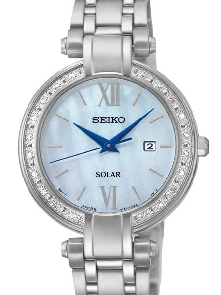 Seiko Tressia Solar Dress Watch with Diamond Bezel, Mother of Pearl Dial #SUT181 30 mm kol saati