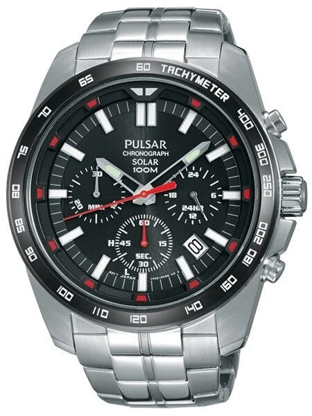 Pulsar Solar Quartz Chronograph Watch with Stopwatch and 24-Hour Sub-Dial #PZ5005 kol saat