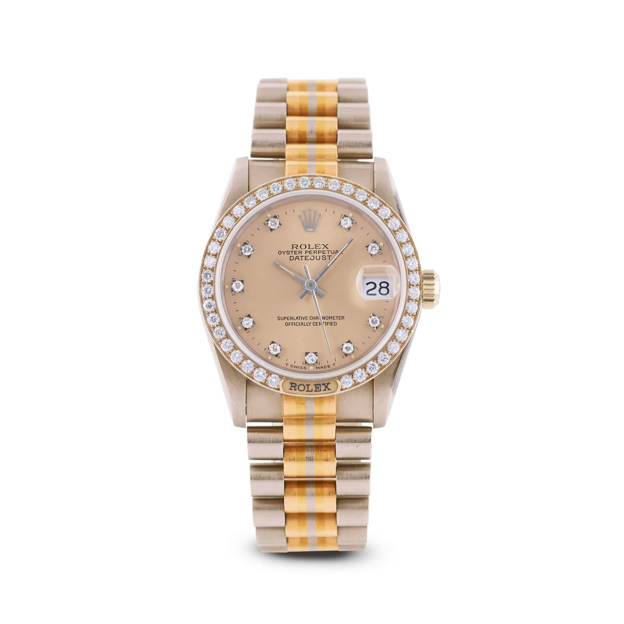 Rolex ROLEX, REF. 68149, DATEJUST TRIDOR, DIAMOND DIAL, 18K WHITE, YELLOW AND PINK GOLD kol saati