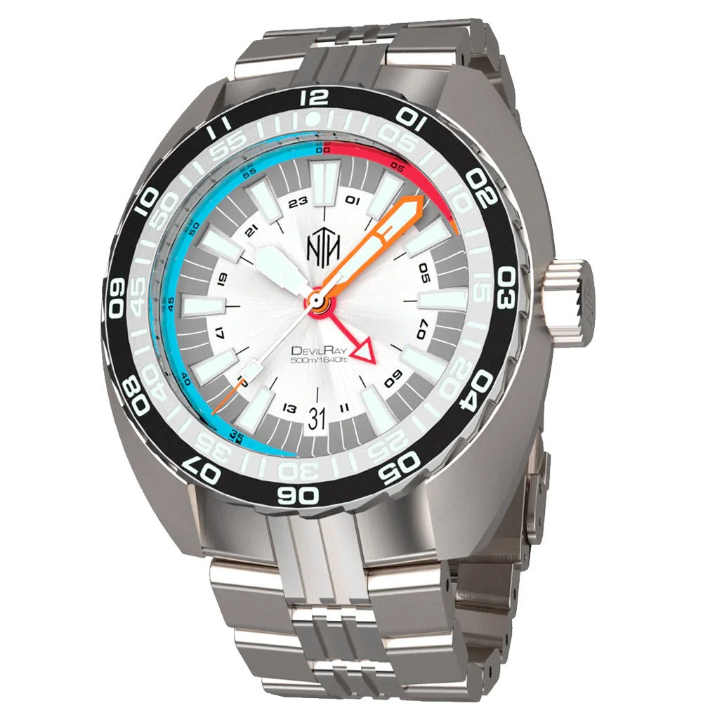 NTH DevilRay 500-Meter Automatic Dive Watch with Silver Dial and GMT Function #WW- -DRWG WW-NTH-DRWG 43 mm kol saati