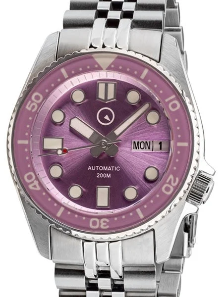 Islander Automatic Purple Dive Watch with Solid-Link Bracelet, AR Double Dome Sapphire Crystal, and Luminous Sapphire Bezel Insert #ISL-64 38 mm kol saati