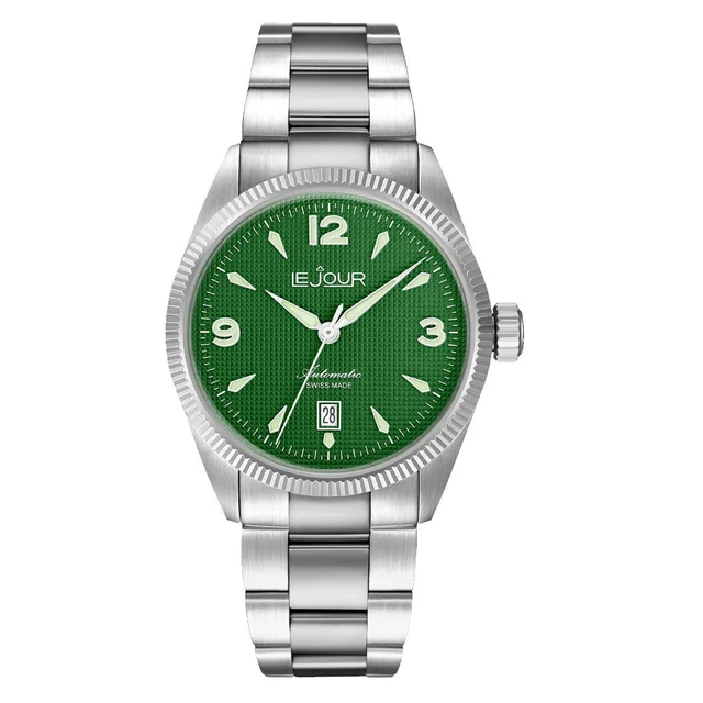 Le Jour Brooklyn Swiss Automatic Dress watch with Green Hobnail Dial #LJ-BR-003 kol saati