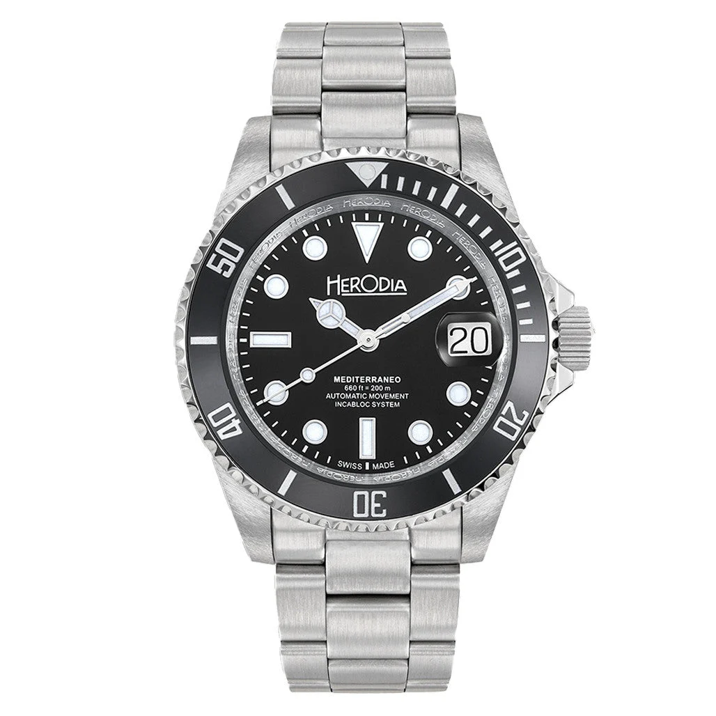 Herodia Mediterraneo Swiss Automatic Dive watch with Black Dial #HMEDSBKBK.AC kol saati