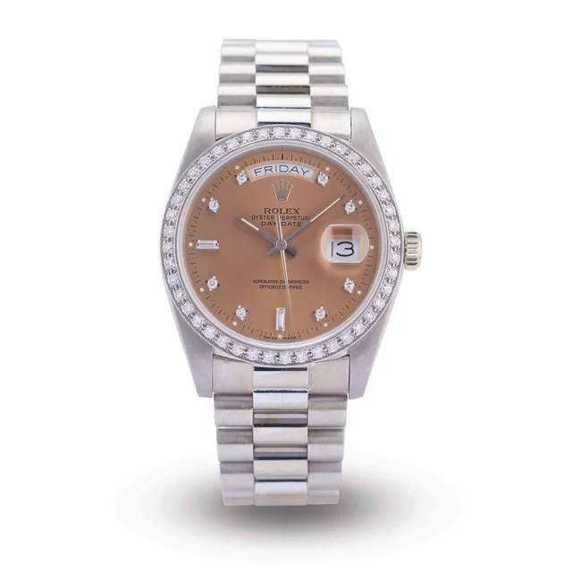 Rolex ROLEX REF. 18049, DAY-DATE, 18K WHITE GOLD AND DIAMOND, SALMON kol saati
