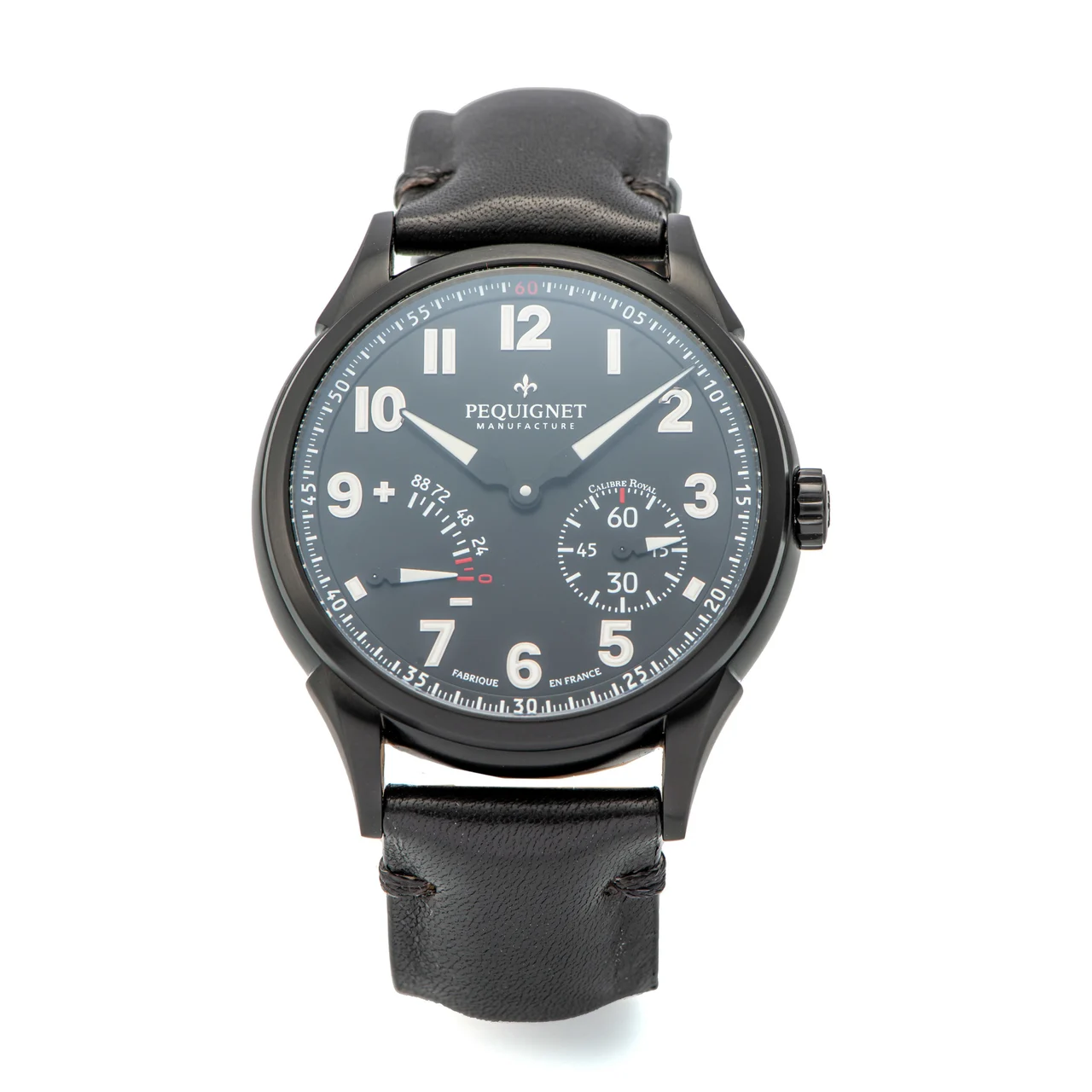 Manufacture Emile Pequignet Ref. 0010, self-winding, power reserve indication; “Calibre Royal”; black PVD-coated steel kol saati
