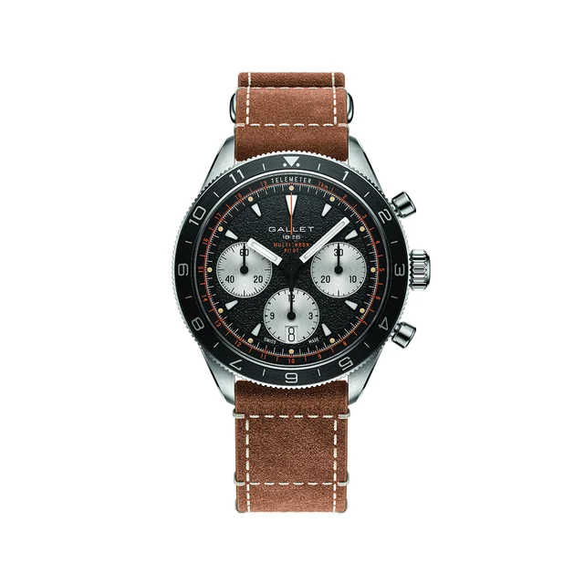 Gallet Multichron Pilot Chronograph 42mm - Black on Leather Strap AG2303251B1W1 kol saati