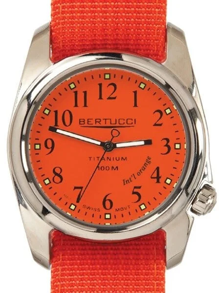 Bertucci International Orange Watch with Polished Titanium Case #12063 kol saati