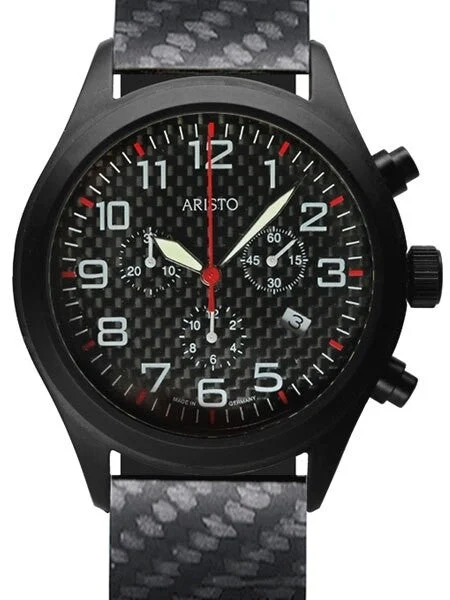 Aristo Aviator Style Quartz Chronograph Watch with Carbon Fiber Dial #0H15 44 mm kol saati
