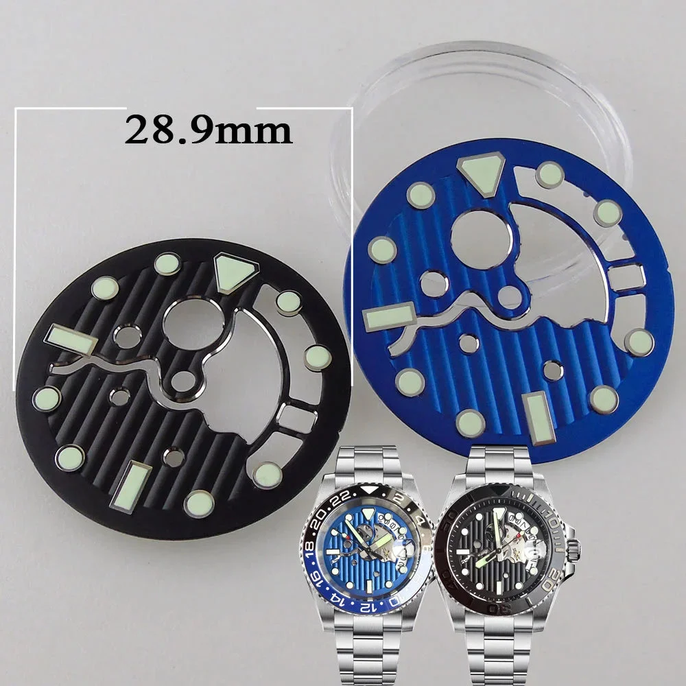Tandorio Nologo 28.9mm Hollow Watch Dial for NH35 NH36 Movement Black/Blue Dial Face Green Luminous Index 14:173#blue dial hand 28.9 mm kol saati