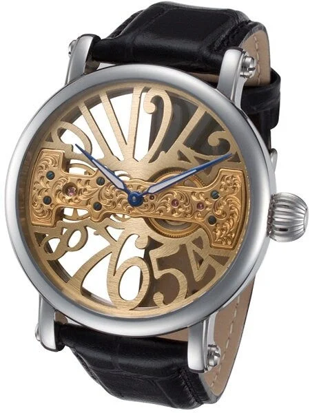 Rougois Open-Face, Bridge Mechanical Hand Wind Watch w/Blue Hands RS294G-BLK 42 mm kol saati