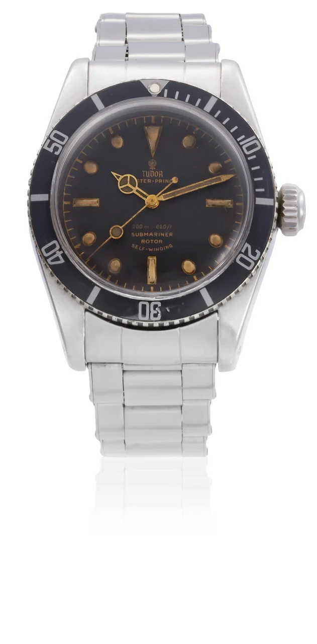 Tudor TUDOR, REF. 7924, SUBMARINER BIG CROWN TROPICAL. A fine and very rare, stainless steel, self winding diver's wristwatch with Tropical dial. kol saati