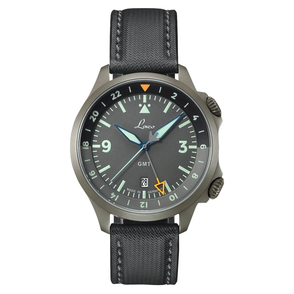Laco Frankfurt Swiss Automatic GMT Dual-Time Pilot Watch with Double-Dome AR Sapphire Crystal #862121 43 mm kol saati