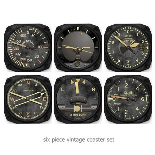 Trintec Six Piece Vintage Aviation Instrument Shaped Coaster Set #9045 kol saati