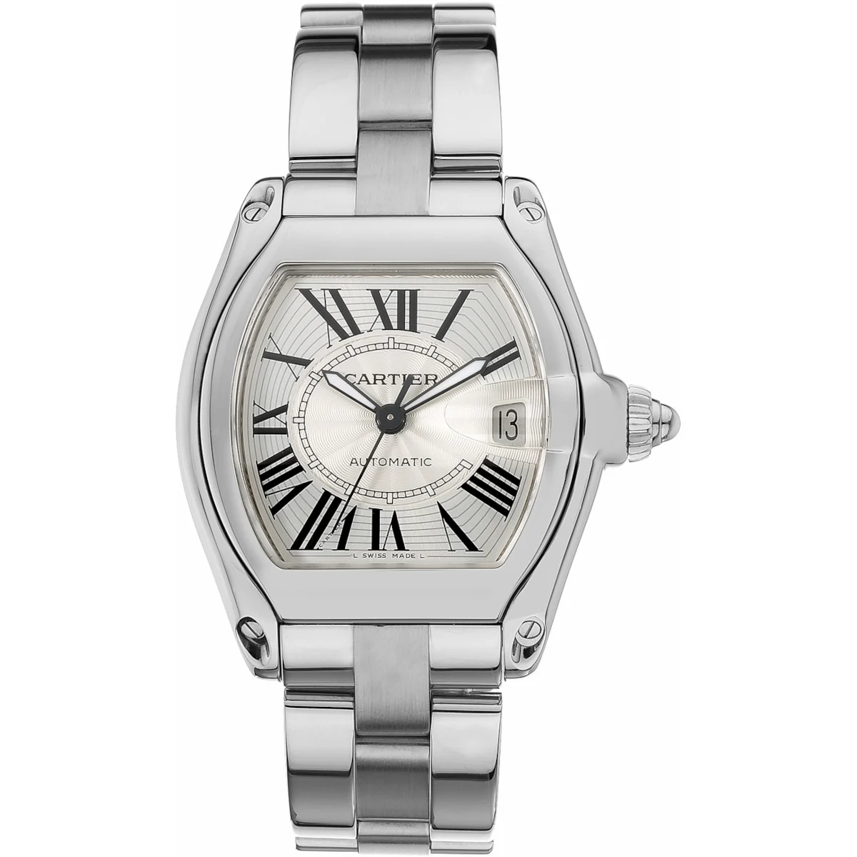 Cartier Roadster W62025V3 Silver Sunray-Effect Dial Steel Br 44 mm kol saati
