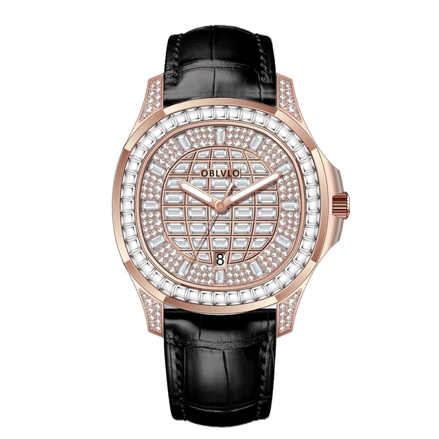 OBLVLO Leather Strap ,Rose gold and White grad FM Series,40mm,Black Leather Strap ,Rose go