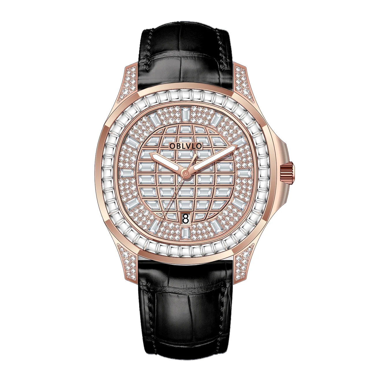 OBLVLO Leather Strap ,Rose gold and White grad FM Series,40mm,Black Leather Strap ,Rose gold and White grad 40 mm kol saati