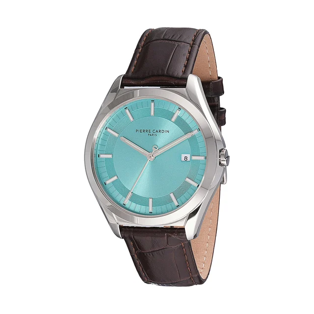 VAUGIRARD Men’s 42mm Classic Watch - Silver Case, Celeste Blue Dial with Brown Leather Str