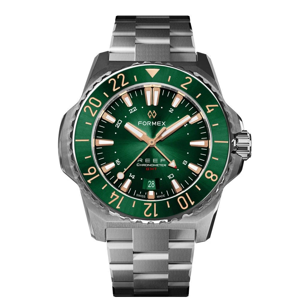 Formex REEF GMT Chronometer Dive Watch with Gilt Green Dial and Bezel #2202.1.5388.100 kol saati
