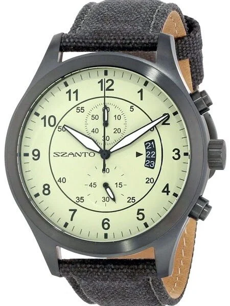 Szanto Black Ion Plated Vintage Inspired Military Chronograph Watch #1204 46 mm kol saati