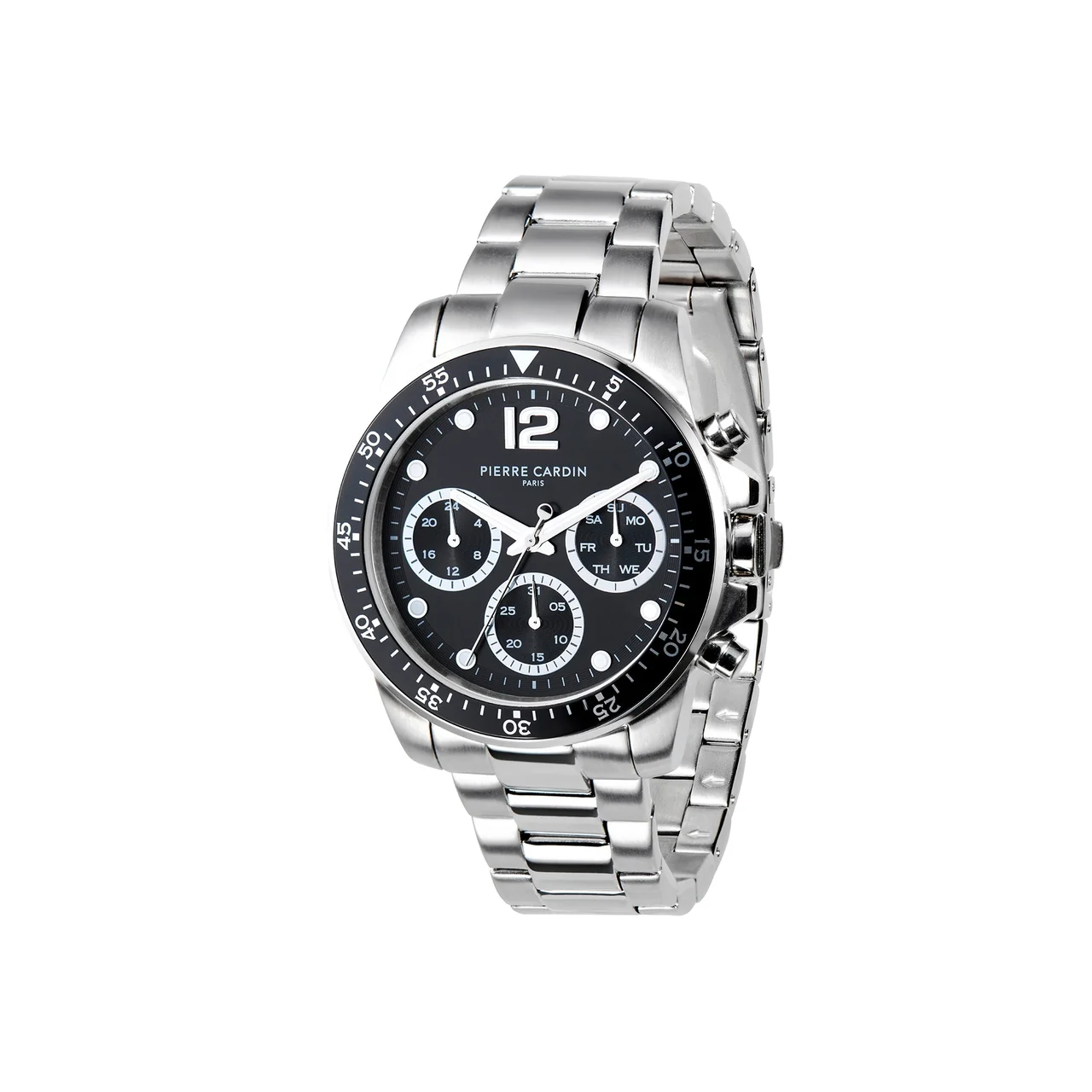 Pierre Cardin Nation Swank Multifunction watch with Black Dial and Black Bezel with a Metal Links Strap CNI.011 40 mm kol saati