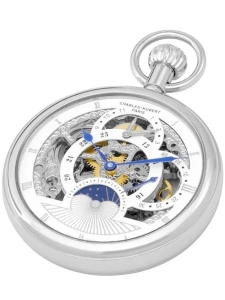 Charles Hubert Paris Charles-Hubert Mechanical Dual Time Pocket Watch with Sun-Moon Dial #3816W 51 mm kol saati