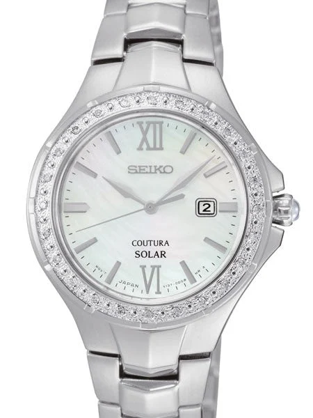 Seiko Coutura Solar Dress Watch with Mother of Pear Dial and Diamond Bezel #SUT239 kol saa