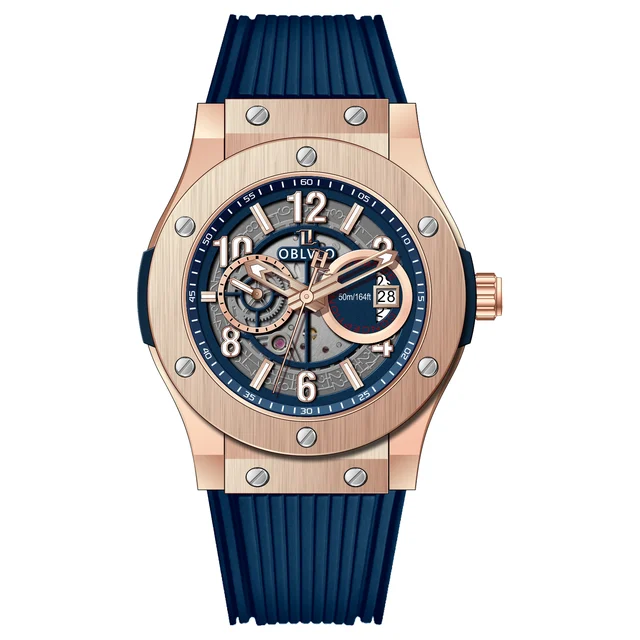OBLVLO With Rubber Automatic,Rose gole Blue Di HM Series,44mm,Steel With Rubber Automatic,