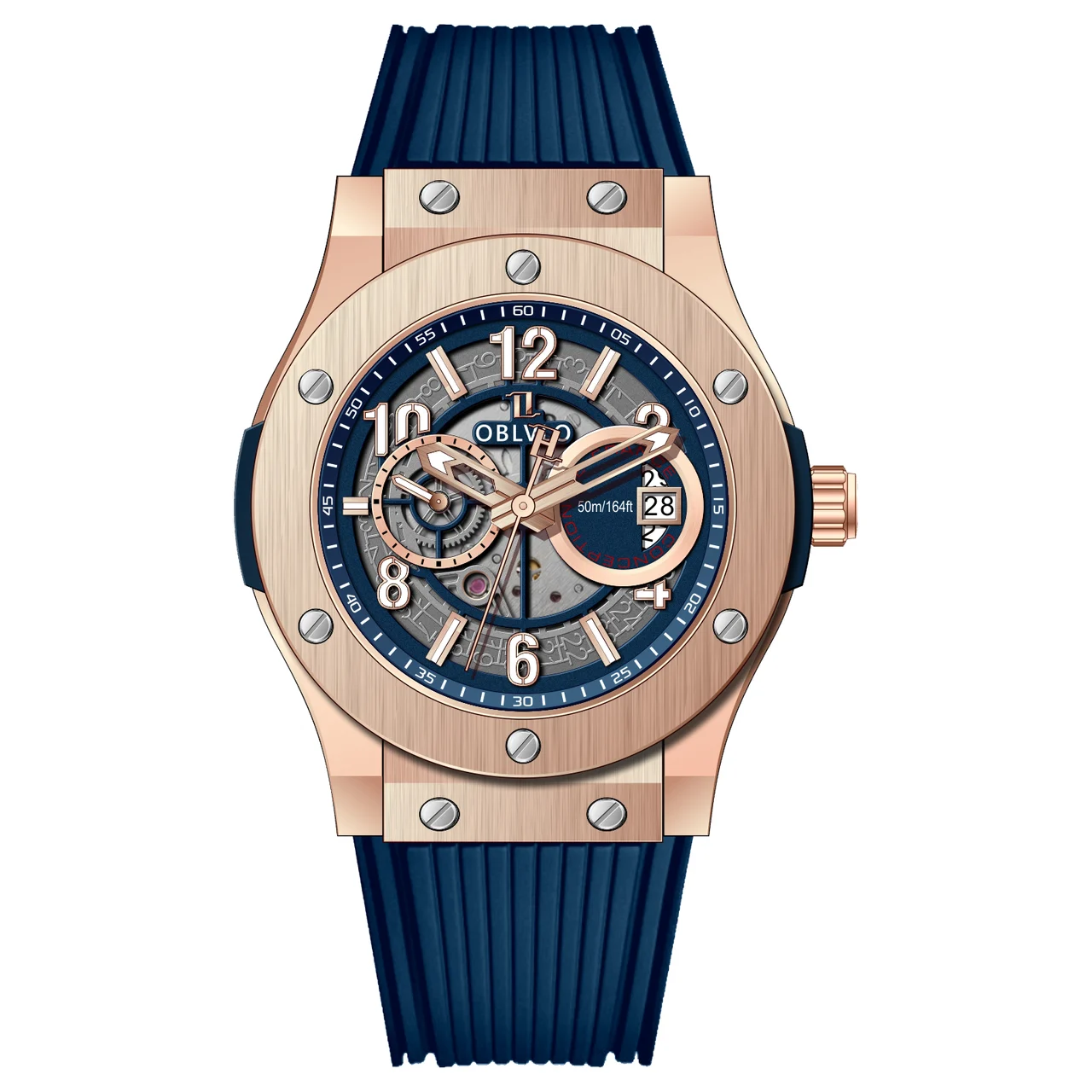 OBLVLO With Rubber Automatic,Rose gole Blue Di HM Series,44mm,Steel With Rubber Automatic,Rose gole Blue Di 44 mm kol saati
