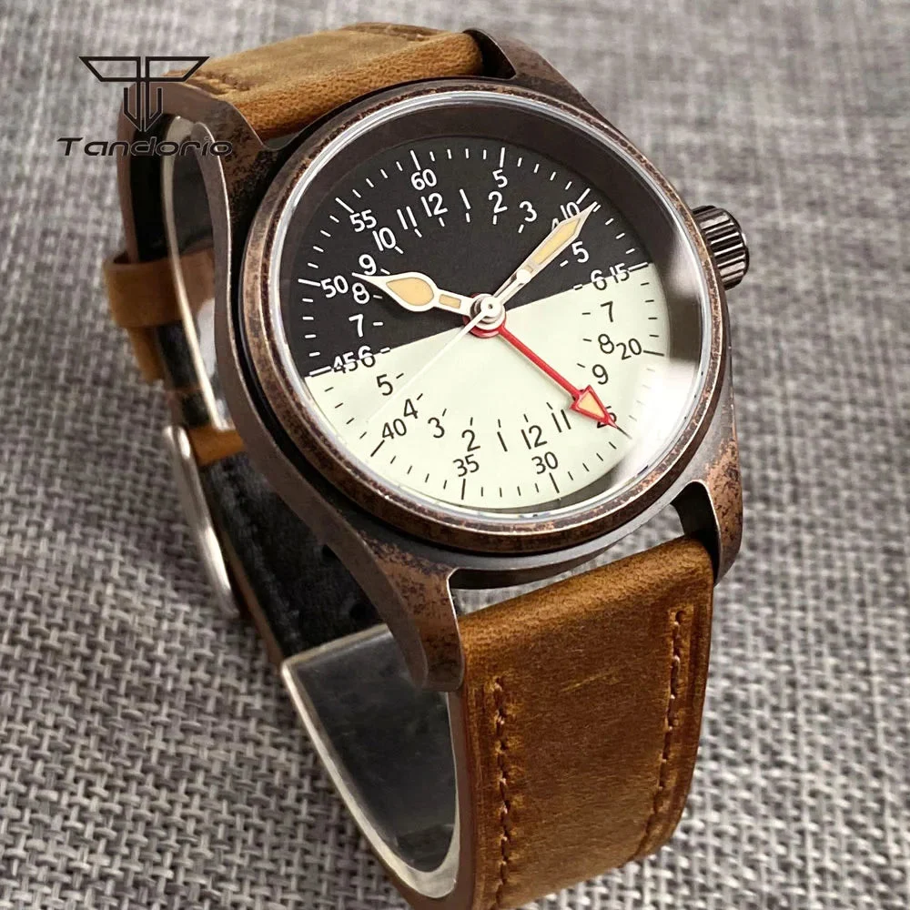 Tandorio Vintage Pilot GMT Watch NH34 TD166G 36mm Sapphire 20BAR Luminous Two Tone Dial Day Night 1005009810094576-steel back 36 mm kol saati