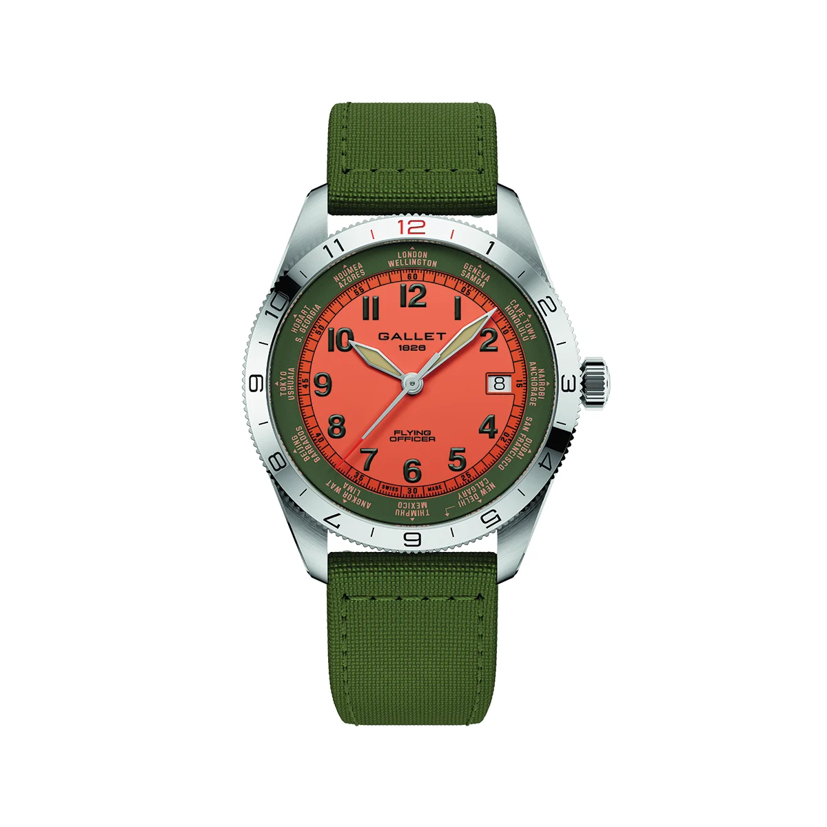 Gallet Flying Officer Automatic Date 40mm - Orange on Fabric Strap AG1701131O1W1 40 mm kol saati