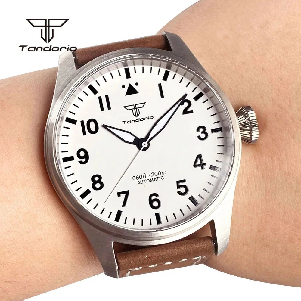 Tandorio Big Pilot Watch TD144B NH35 PT5000 Automatic 20BAR Sapphire Luminous 14:200005100#white logo dial;5:56964930#NH35 movement 43 mm kol saati