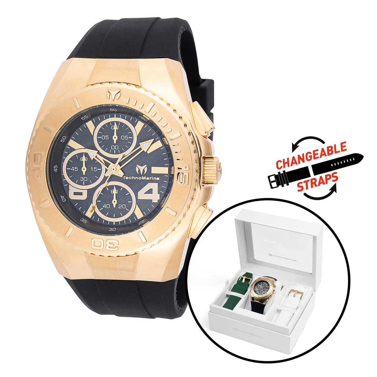 Technomarine Cruise Original Watch w/ Mother of Pearl Dial - 43mm, Black, White, Green with Interchangeable Strap (TM-124030) 43 mm kol saati