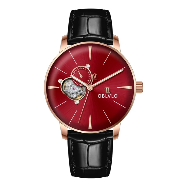 OBLVLO With Automatic Watch,red Dial NW-PRBL NW Series,40mm,Leather With Automatic Watch,r