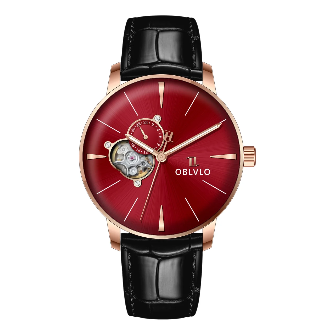OBLVLO With Automatic Watch,red Dial NW-PRBL NW Series,40mm,Leather With Automatic Watch,red Dial NW-PRBL 40 mm kol saati