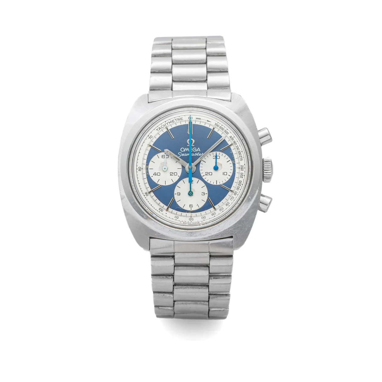 OMEGA Ref. 145.029, chronograph, minute and hour counters, blue dial; “Seamaster”; stainless steel kol saati