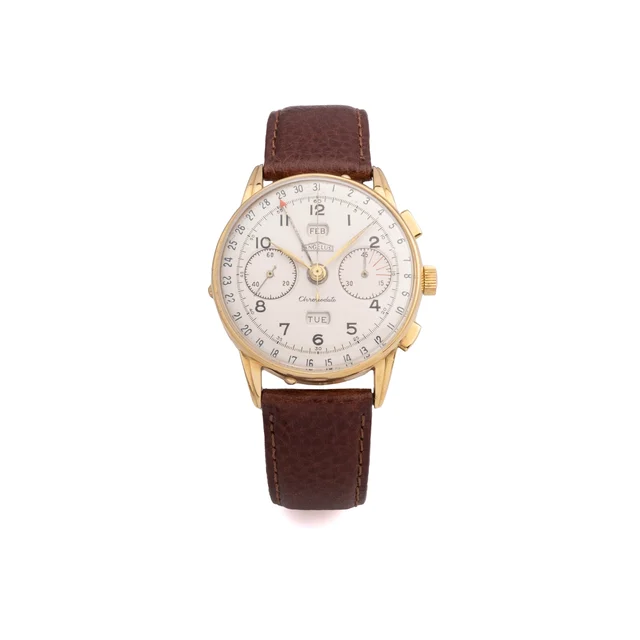 Angelus Watch Ref. 36, chronograph, minute counter, triple date à guichets (with apertures